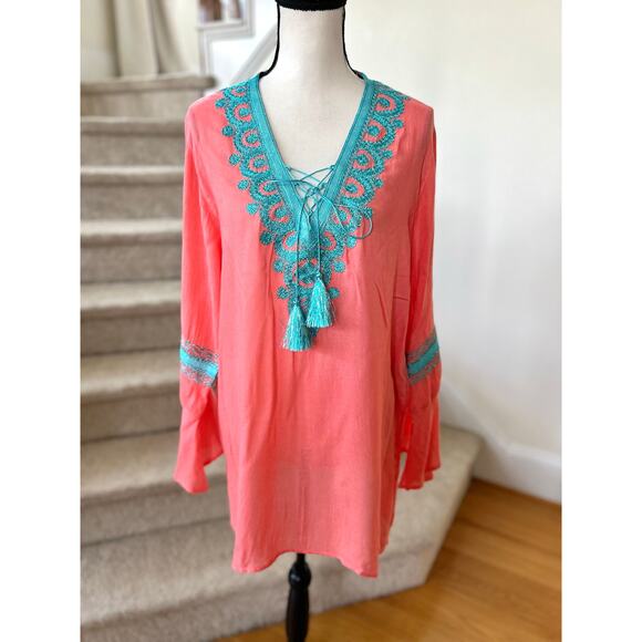 Maison du Caftan Coral Pink & Teal Metallic Embroidered Tunic - Picture 1 of 8